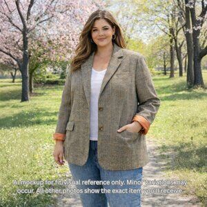 VTG Lands’ End 22W 100% Wool Tweed Blazer Brown Orange Windowpane Dark Academia